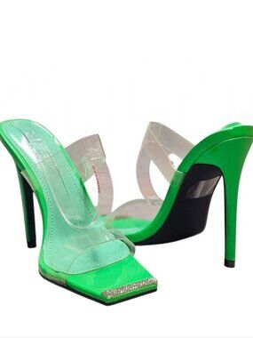 Green & Clear PVC High Heel Slip-On Sandals With Rhinestone Detail Square Toe St